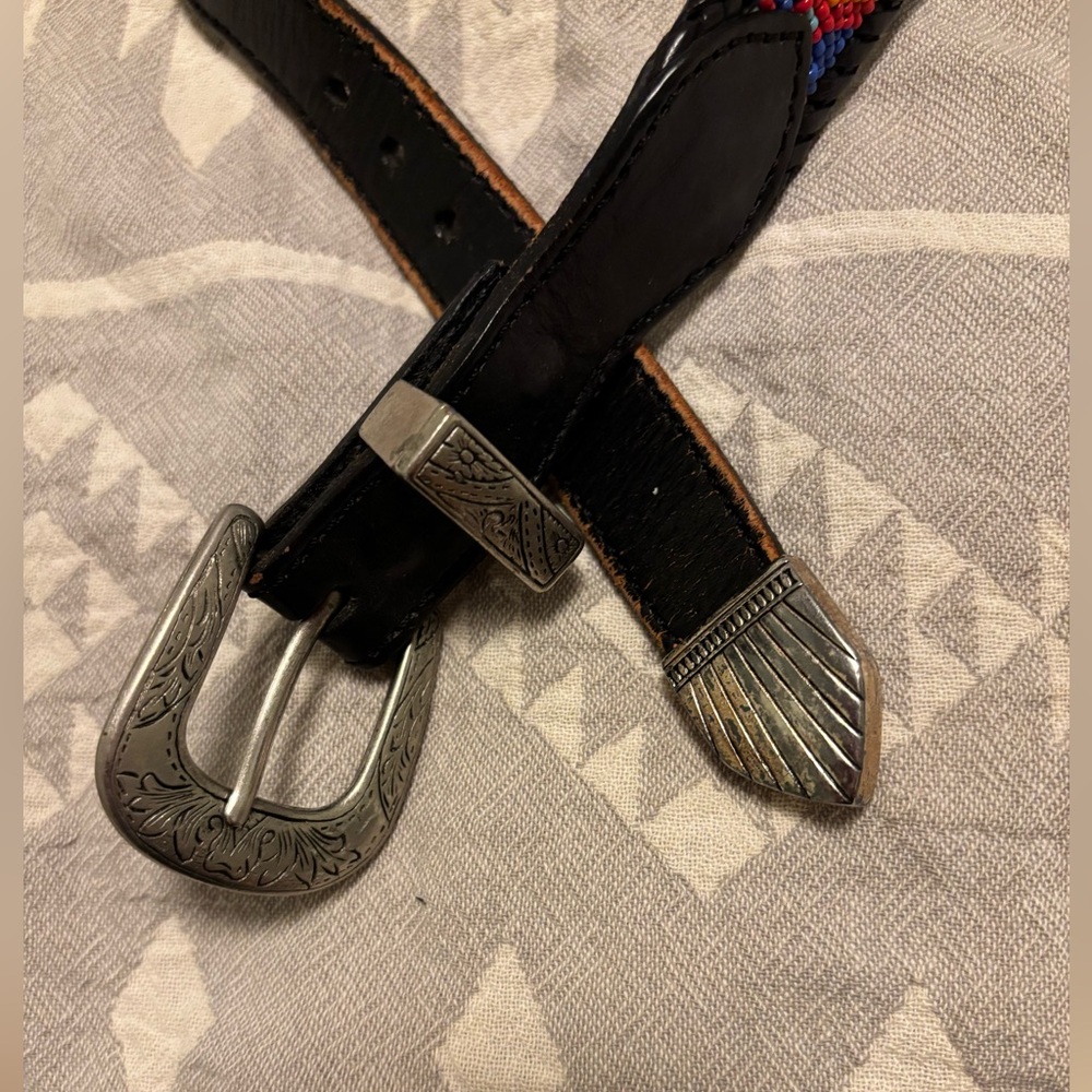 28in Navajo Bead Loom Black Leather Belt. Vintage! View 2